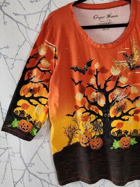 Onque Woman Spooky Halloween Rhinestone Cotton Stretch Jersey Tee